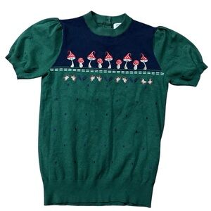 Unique Vintage Green Mushroom Knit Puff Sleeve Short Sleeve Sweater 10-12 Girls